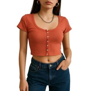 Women's Waffle Knit Button Front Crop Top – Coral Red – Short Sleeve – Y2K |